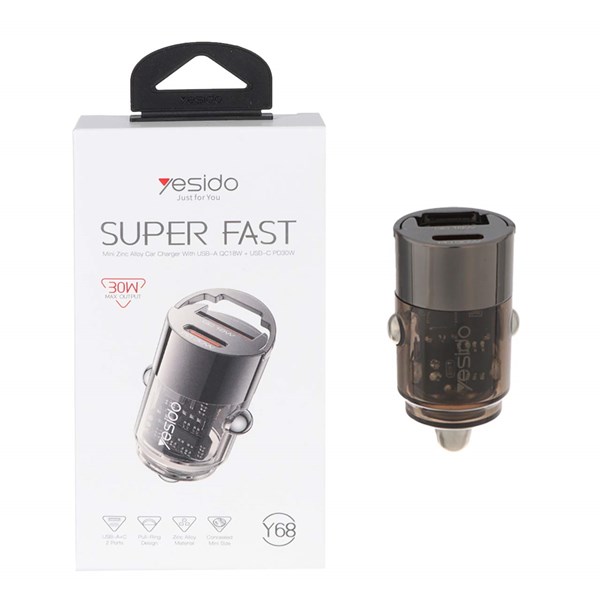 شارژر فندکی PD و فست دو پورت Yesido مدل Y68 30W - مشکی (گارانتی 18 ماه تعویض نیکان همراه)