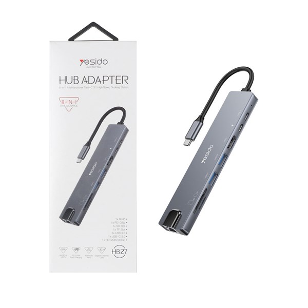 هاب 8 پورت Yesido Type-C مدل HB27 - خاکستری (گارانتی 12 ماه تعویض نیکان همراه)