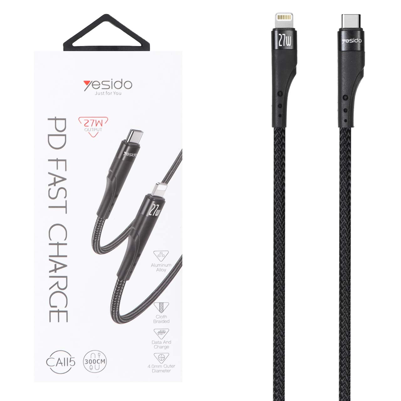 کابل شارژ 3 متری PD و فست Yesido Type-C To Lightning مدل CA115 27W - مشکی (گارانتی 18 ماه تعویض نیکان همراه)