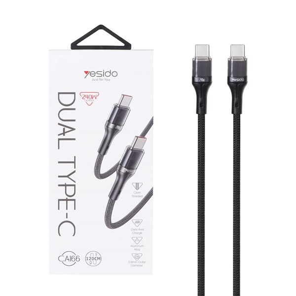 کابل شارژ 1.2 متری PD و فست Yesido Type-C To Type-C مدل CA166 240W - مشکی (گارانتی 18 ماه تعویض نیکان همراه)