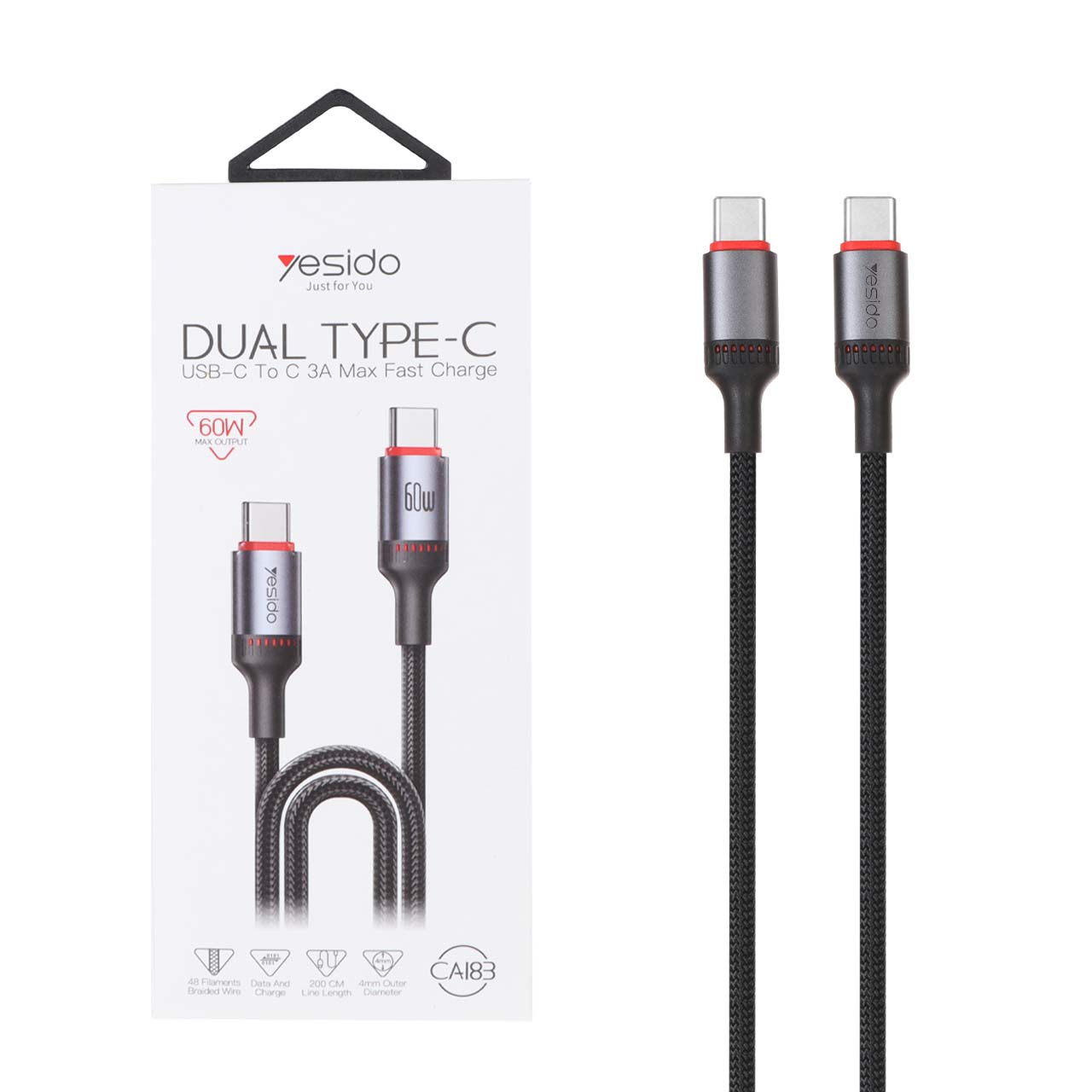 کابل شارژ 2 متری فست Yesido Type-C To Type-C مدل CA183 60W - مشکی (گارانتی 18 ماه تعویض نیکان همراه)