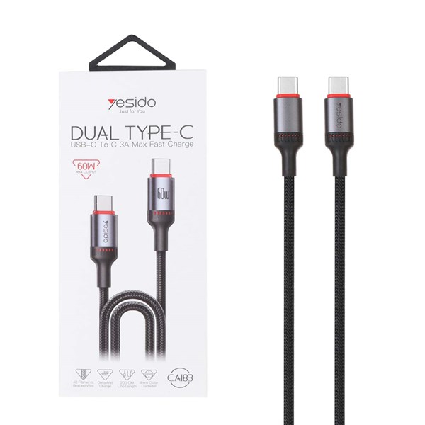 کابل شارژ 2 متری فست Yesido Type-C To Type-C مدل CA183 60W - مشکی (گارانتی 18 ماه تعویض نیکان همراه)