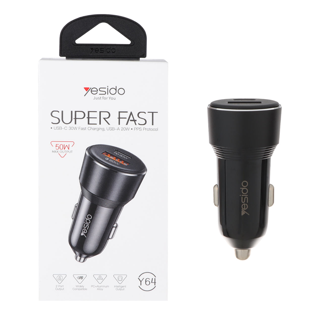 شارژر فندکی PD و فست دو پورت Yesido مدل Y64 50W - مشکی (گارانتی 12 ماه تعویض نیکان همراه)