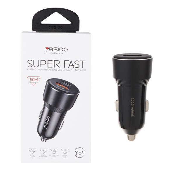 شارژر فندکی PD و فست دو پورت Yesido مدل Y64 50W - مشکی (گارانتی 12 ماه تعویض نیکان همراه)