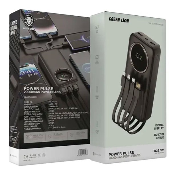 پاور بانک فست شارژ گرین لاین Power Pulse PD QC3.0 22.5W ظرفیت 20000 میلی آمپر ساعت