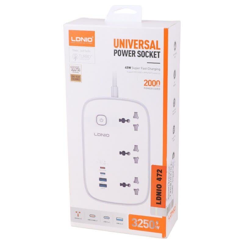 چند راهی 3 خانه ارت دار الدینیو SC6 با کابل 2 متری + شارژر USB و Type-C
