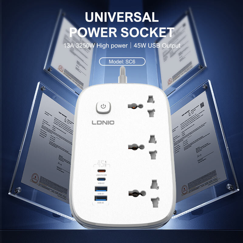 چند راهی 3 خانه ارت دار الدینیو SC6 با کابل 2 متری + شارژر USB و Type-C