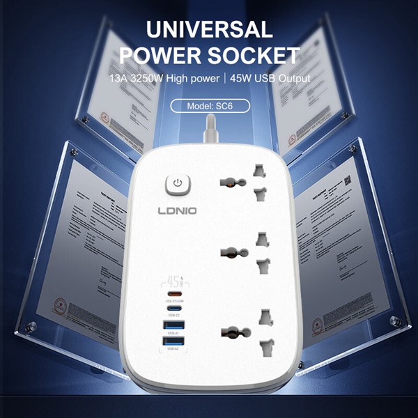 چند راهی 3 خانه ارت دار الدینیو SC6 با کابل 2 متری + شارژر USB و Type-C