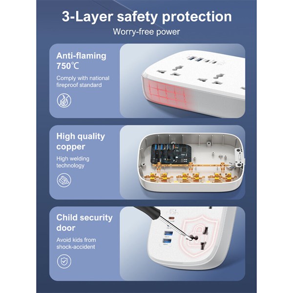 چند راهی 3 خانه ارت دار الدینیو SC6 با کابل 2 متری + شارژر USB و Type-C