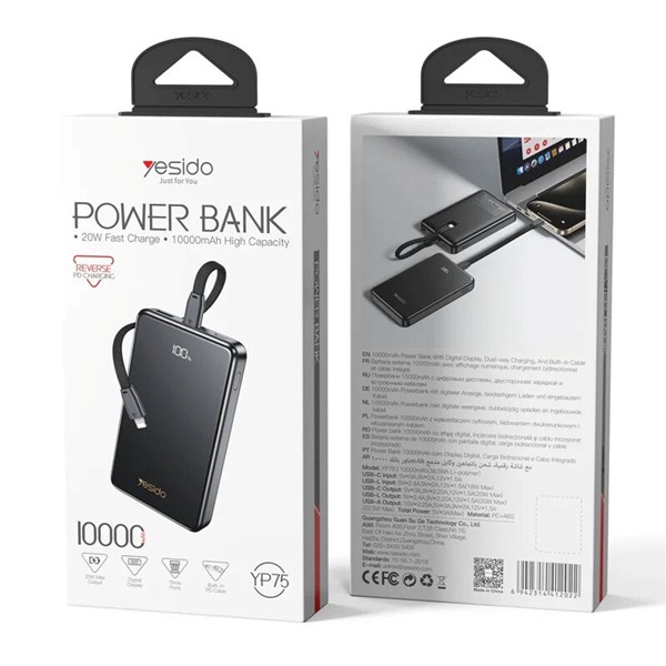 پاور بانک فست شارژ یسیدو YP75 PD 22.5W ظرفیت 10000 میلی آمپر ساعت