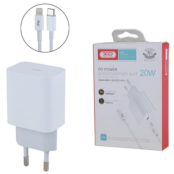 شارژر دیواری 20 وات ایکس او A829-120137C-EU1 QC PD 3A + کابل تبدیل آیفونی