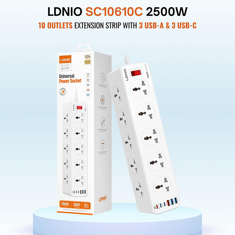 چند راهی 10 خانه الدینیو SC10610C با کابل 2 متری + شارژر USB و Type-C