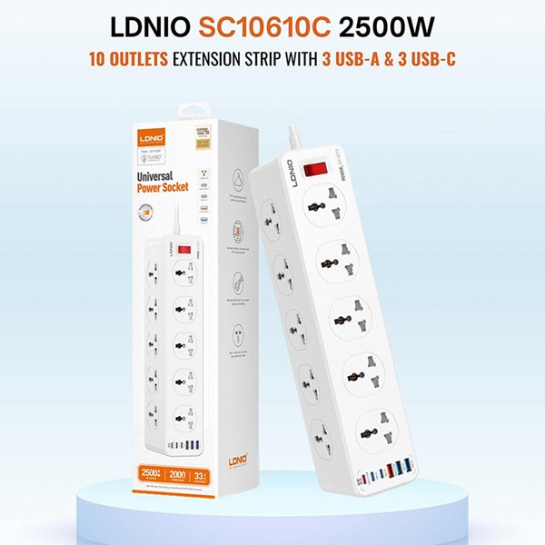 چند راهی 10 خانه الدینیو SC10610C با کابل 2 متری + شارژر USB و Type-C