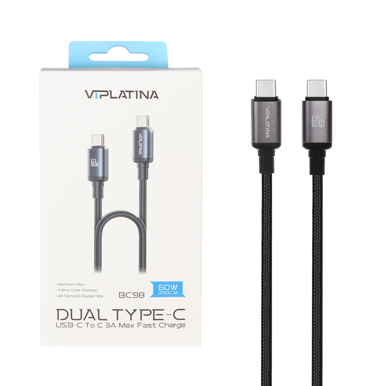کابل شارژ فست 2 متری VIPLATINA Type-C To Type-C مدل BC98 60W - مشکی (گارانتی 18 ماه تعویض نیکان همراه)