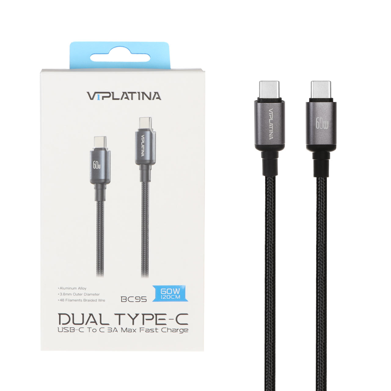 کابل شارژ فست 1.2 متری VIPLATINA Type-C To Type-C مدل BC95 60W - مشکی (گارانتی 12 ماه تعویض نیکان همراه)