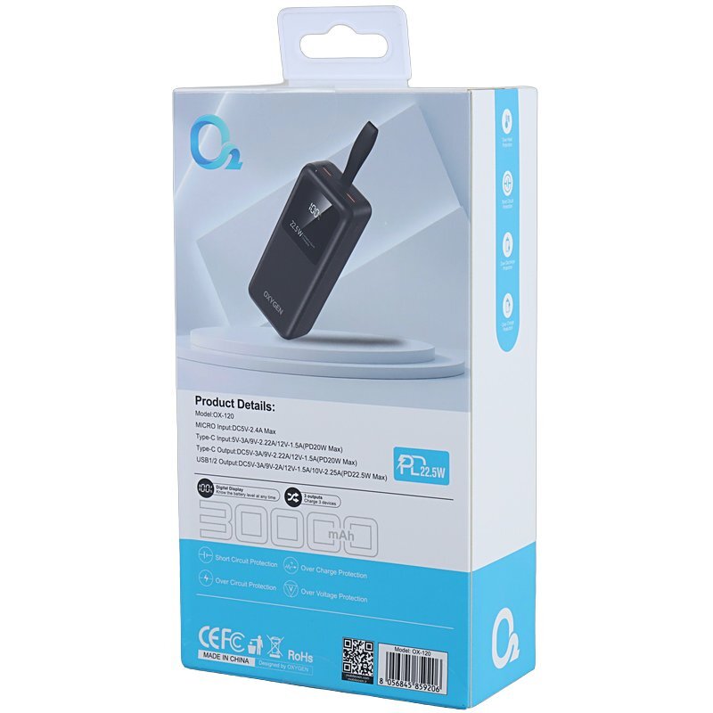 پاور بانک فست شارژ اکسیژن OX-120 PD 22.5W ظرفیت 30000 میلی آمپر ساعت