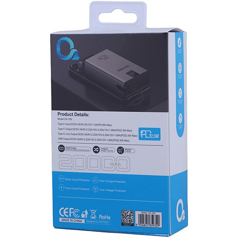 پاور بانک فست شارژ اکسیژن OX-160 PD 22.5W ظرفیت 20000 میلی آمپر ساعت