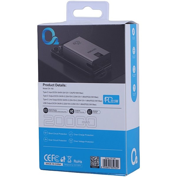 پاور بانک فست شارژ اکسیژن OX-160 PD 22.5W ظرفیت 20000 میلی آمپر ساعت
