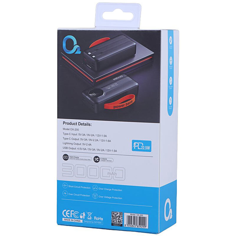 پاور بانک فست شارژ اکسیژن OX-200 PD 22.5W ظرفیت 30000 میلی آمپر ساعت