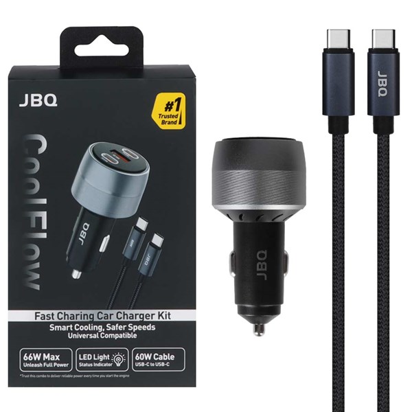 شارژر فندکی PD و فست سه پورت JBQ مدل Cool Flow C82339A 66W به همراه کابل شارژ Type-C To Type-C - مشکی (گارانتی یکساله رصاصی)