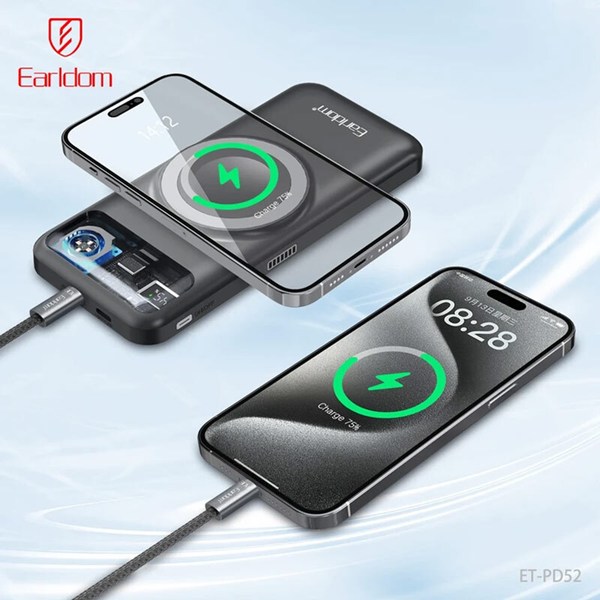 پاور بانک بی سیم فست شارژ ارلدام ET-PD52 PD 20W ظرفیت 10000 میلی آمپر ساعت