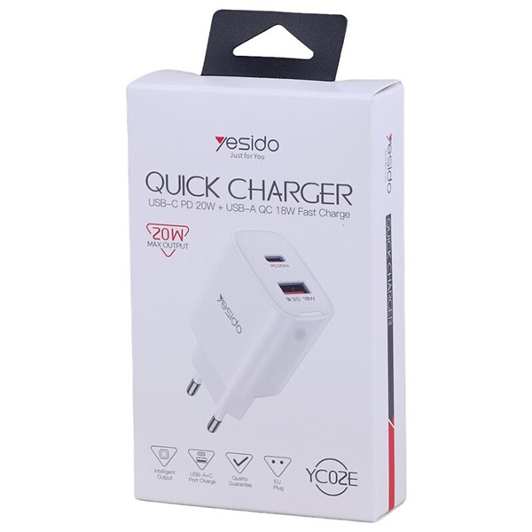 شارژر دیواری 20 وات یسیدو YC02E QC3.0 PD 3A