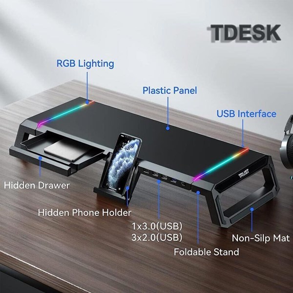 پایه زیر مانیتور و هاب 4 پورت USB تراست TDESK