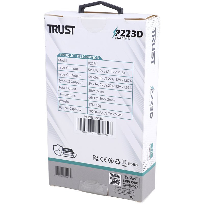 پاور بانک فست شارژ تراست P223D PD 20W ظرفیت 20000 میلی آمپر ساعت
