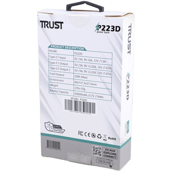 پاور بانک فست شارژ تراست P223D PD 20W ظرفیت 20000 میلی آمپر ساعت