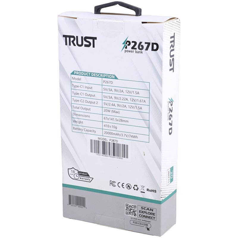 پاور بانک فست شارژ تراست P267D PD 20W ظرفیت 20000 میلی آمپر ساعت