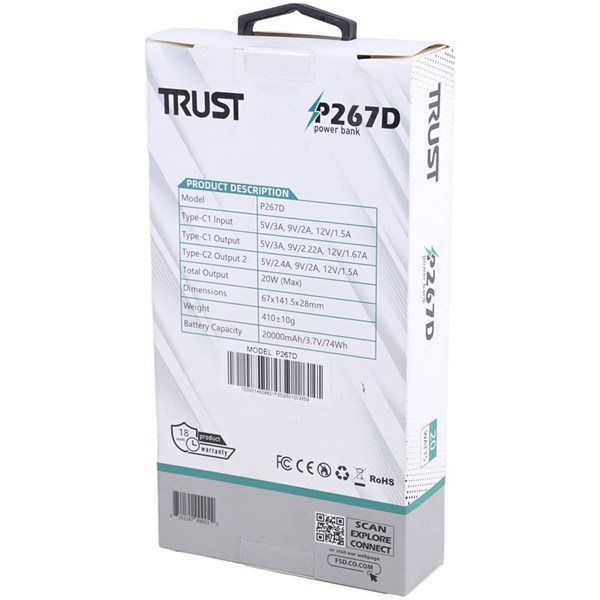 پاور بانک فست شارژ تراست P267D PD 20W ظرفیت 20000 میلی آمپر ساعت