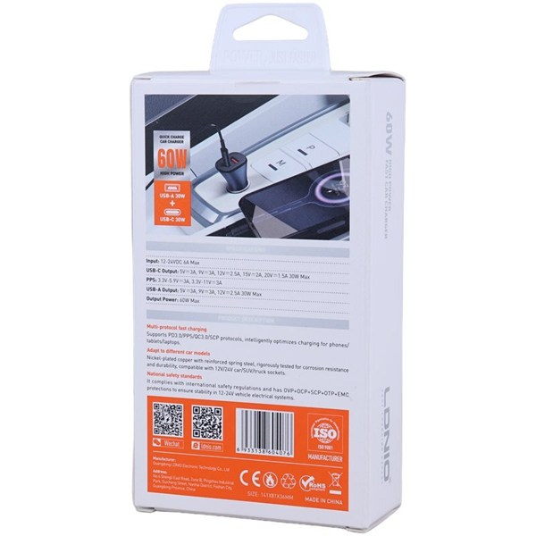 شارژر فندکی 30 وات الدینیو C3 + کابل تایپ سی