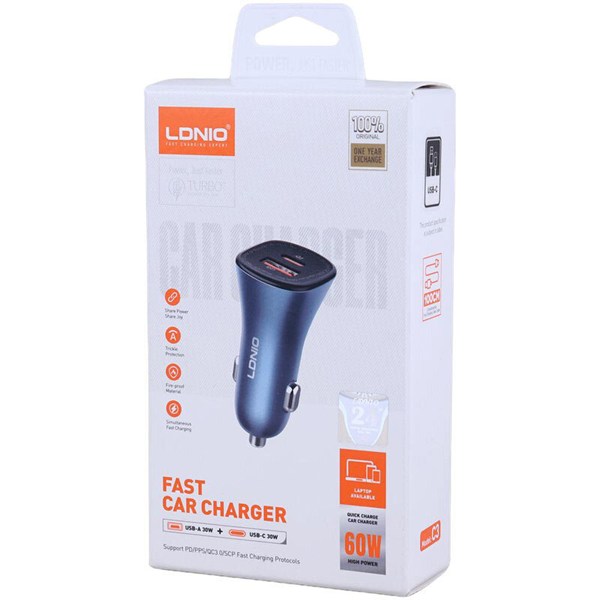 شارژر فندکی 30 وات الدینیو C3 + کابل تایپ سی