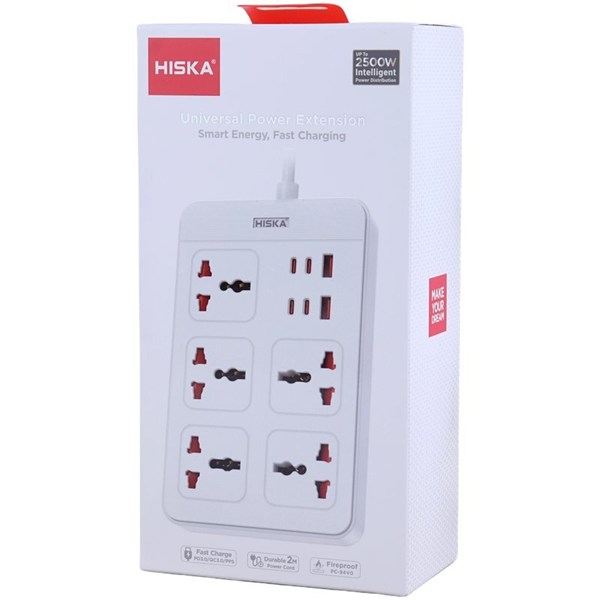 چند راهی 5 خانه هیسکا CH-5521 با کابل 2 متری + شارژر USB و Type-C