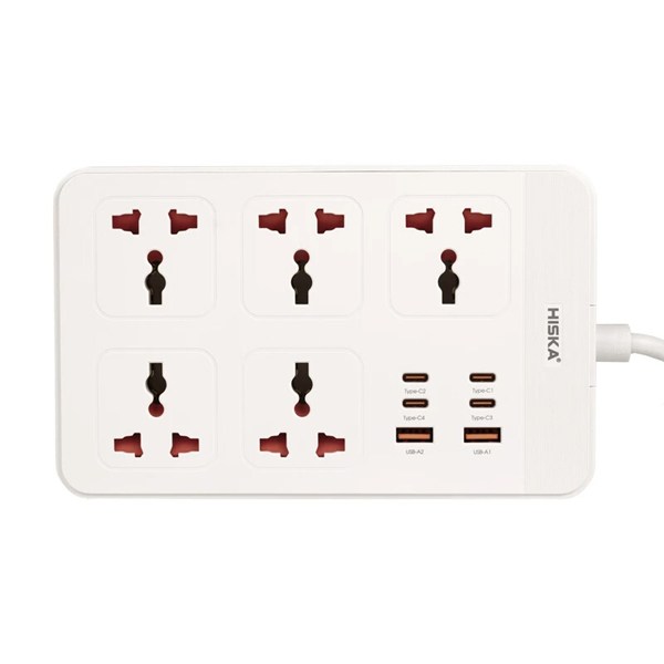 چند راهی 5 خانه هیسکا CH-5521 با کابل 2 متری + شارژر USB و Type-C