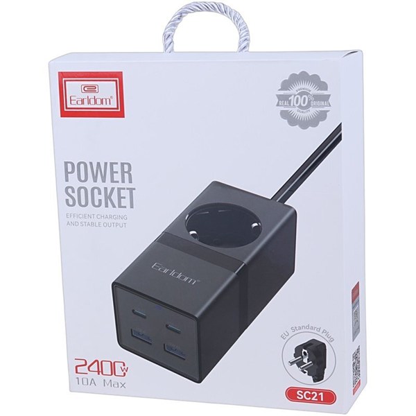 چند راهی 1 خانه ارت دار ارلدام ES-SC21 با کابل 1.5 متری + شارژر USB و Type-C