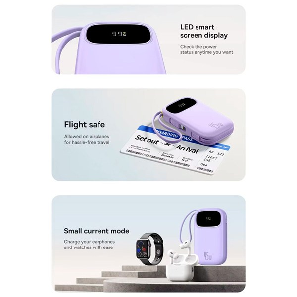 پاور بانک فست شارژ باسئوس QPow 3 P10082102 PD 45W ظرفیت 10000 میلی آمپر ساعت
