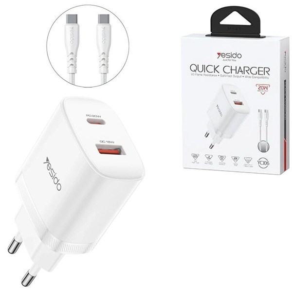 شارژر دیواری 20 وات یسیدو YC106 GaN QC PD 3A + کابل تبدیل تایپ سی