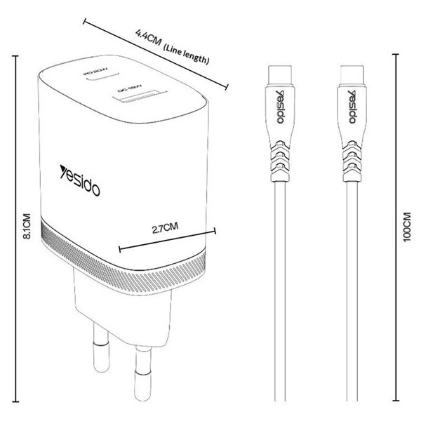 شارژر دیواری 20 وات یسیدو YC106 GaN QC PD 3A + کابل تبدیل تایپ سی