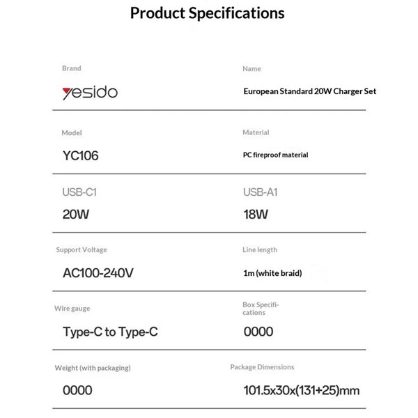 شارژر دیواری 20 وات یسیدو YC106 GaN QC PD 3A + کابل تبدیل تایپ سی