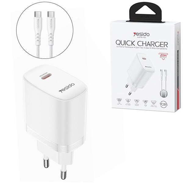 شارژر دیواری 20 وات یسیدو YC105 GaN PD 3A + کابل تبدیل تایپ سی