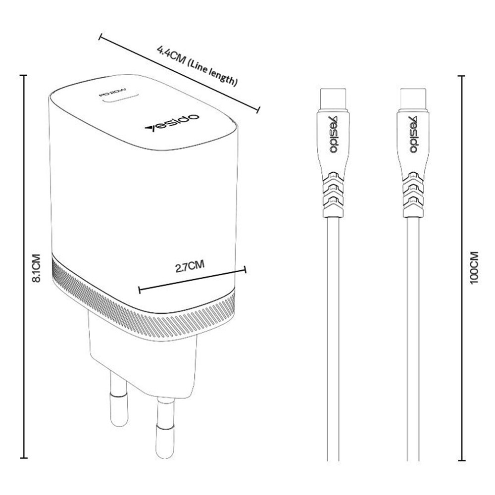 شارژر دیواری 20 وات یسیدو YC105 GaN PD 3A + کابل تبدیل تایپ سی