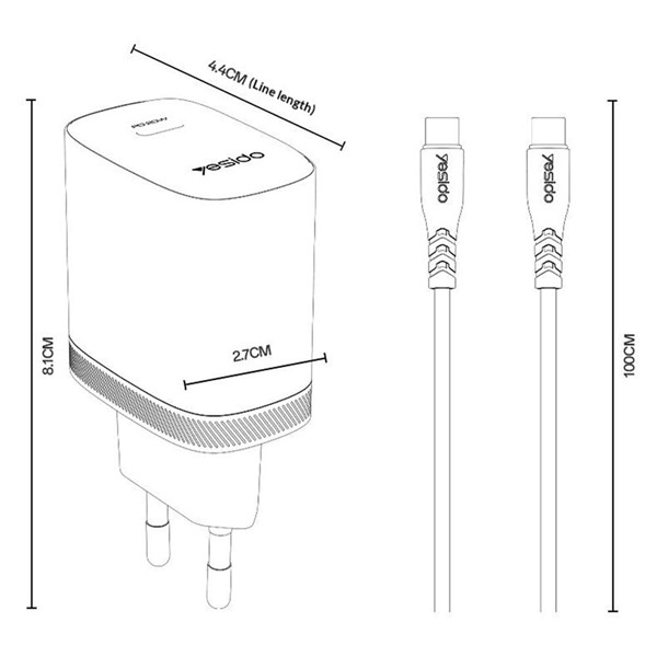 شارژر دیواری 20 وات یسیدو YC105 GaN PD 3A + کابل تبدیل تایپ سی