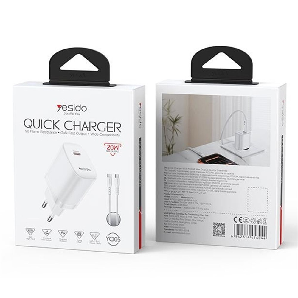 شارژر دیواری 20 وات یسیدو YC105 GaN PD 3A + کابل تبدیل تایپ سی