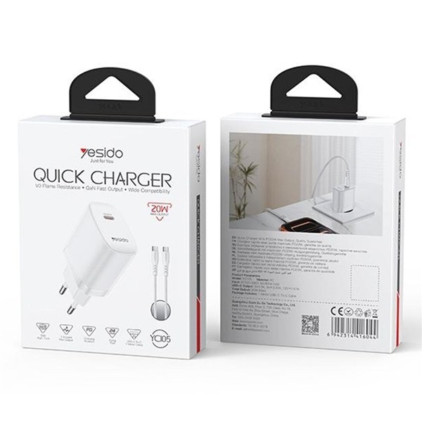 شارژر دیواری 20 وات یسیدو YC105 GaN PD 3A + کابل تبدیل تایپ سی