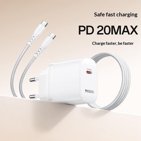 شارژر دیواری 20 وات یسیدو YC105 GaN PD 3A + کابل تبدیل تایپ سی