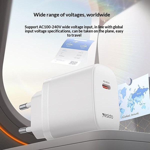 شارژر دیواری 20 وات یسیدو YC105 GaN PD 3A + کابل تبدیل تایپ سی
