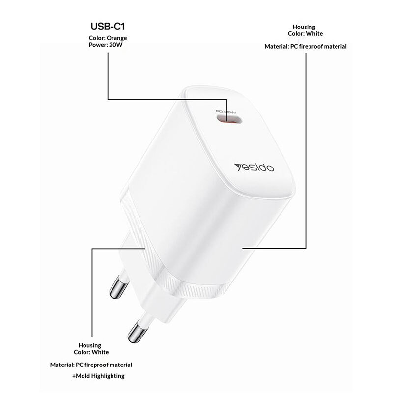 شارژر دیواری 20 وات یسیدو YC105 GaN PD 3A + کابل تبدیل تایپ سی