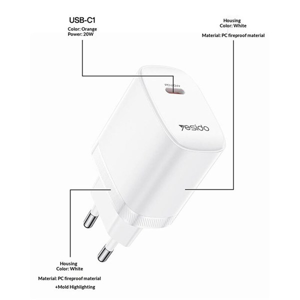 شارژر دیواری 20 وات یسیدو YC105 GaN PD 3A + کابل تبدیل تایپ سی
