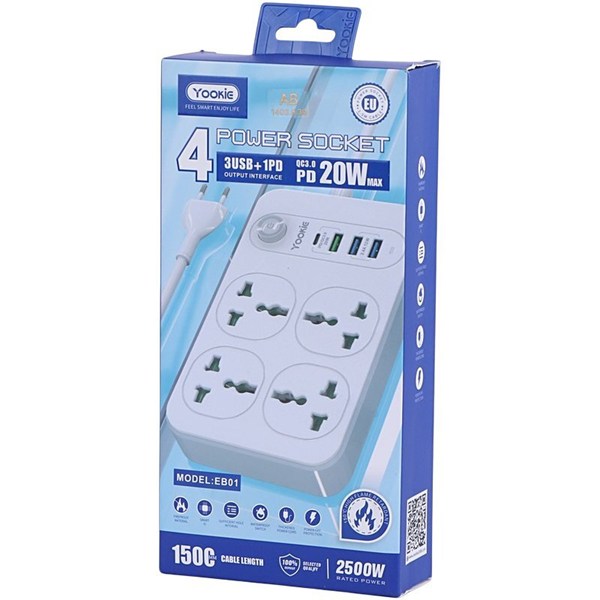 چند راهی 4 خانه یوکی EB01 با کابل 1.5 متری + شارژر USB و Type-C